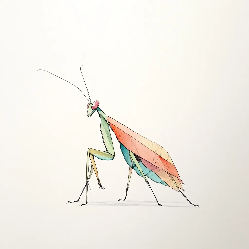 A stylized watercolor painting depicts a praying mantis.  The mantis is rendered in a simplified, almost geometric manner, with its body segmented in shades of green and turquoise.  Large, vibrant peach and orange wings extend from its back, adding a striking contrast to its body. Long, thin antennae extend from its head, completing the artistic representation of this insect.