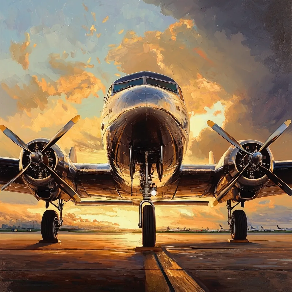 A gleaming silver airplane dominates the foreground, its powerful engines and propellers sharply defined against a vibrant sunset backdrop. The aircraft, a classic design, sits on a runway, other planes visible in the distance. The image showcases a dramatic contrast between the metallic shine of the plane and the warm, fiery hues of the sky, creating a captivating scene of aviation nostalgia.