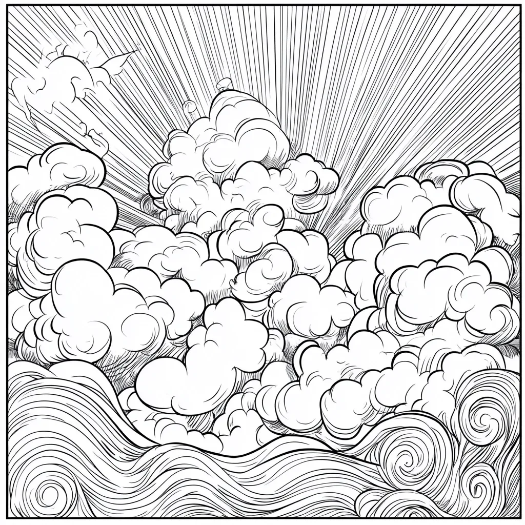 A black and white illustration depicts a dramatic sky filled with intricately detailed clouds.  The clouds are rendered in a swirling, almost smoke-like style, with varying densities and shapes.  Sun rays burst forth from the upper portion, adding to the dynamic energy of the piece. The lower portion shows wavy lines suggesting the ocean or a vast expanse of water. The overall style is reminiscent of woodcuts or line engravings.