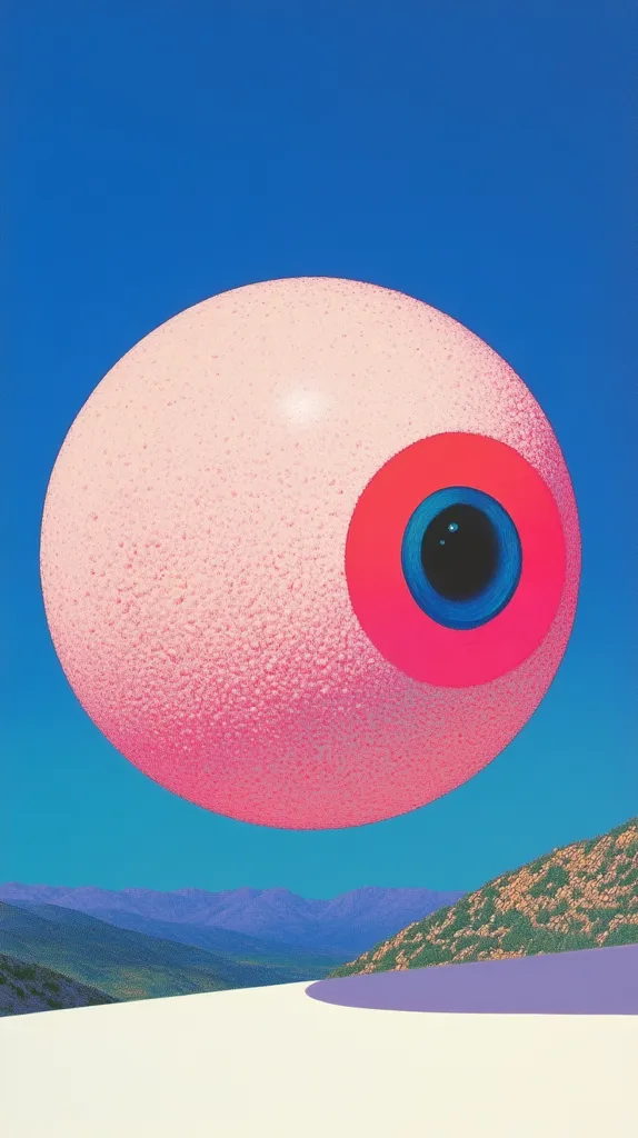 A large, pink sphere dominates the image, its surface textured like a grapefruit.  A vibrant, concentric circle of red and blue, resembling a stylized eye, is embedded within the sphere.  The sphere floats against a clear blue sky above a landscape of muted purple mountains and a flat, off-white foreground. The overall aesthetic is surreal and playful, with bold color contrasts.