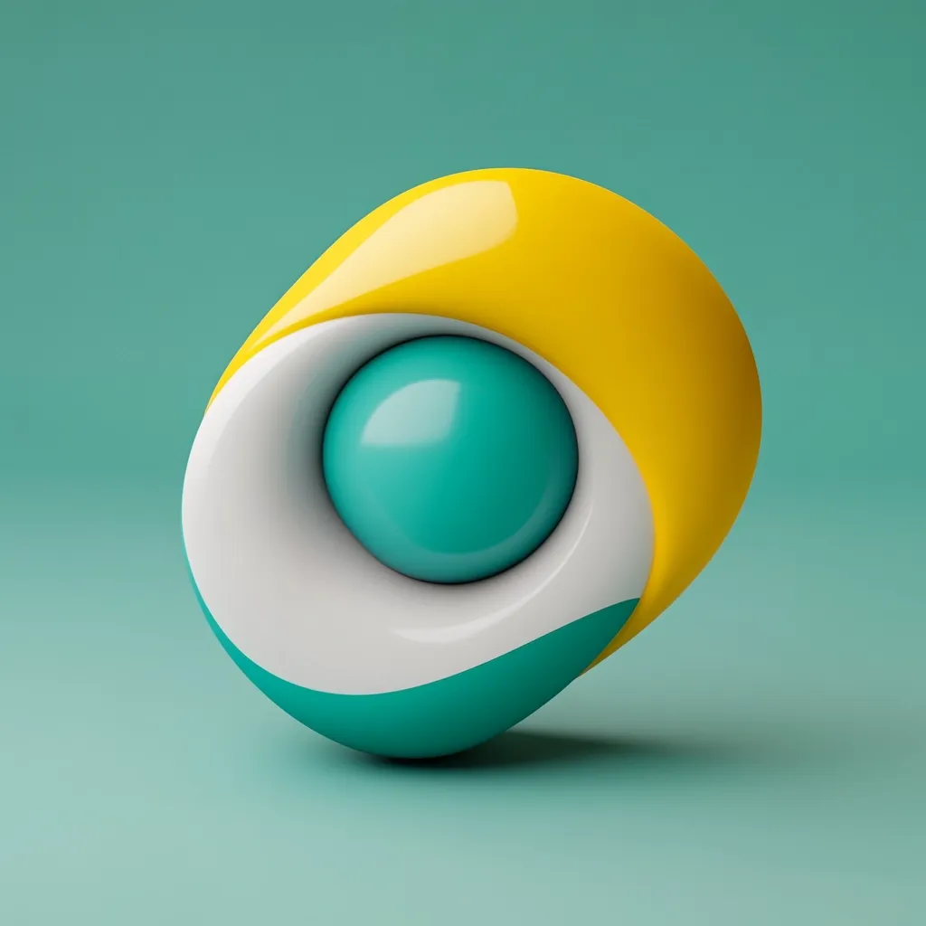 A vibrant abstract 3D rendering showcases a smooth, organic form.  The object is predominantly teal and yellow, with a central white section cradling a smaller teal sphere.  The glossy surfaces reflect light, creating a sense of depth and dynamism against a muted teal background.  The overall design is playful and modern.