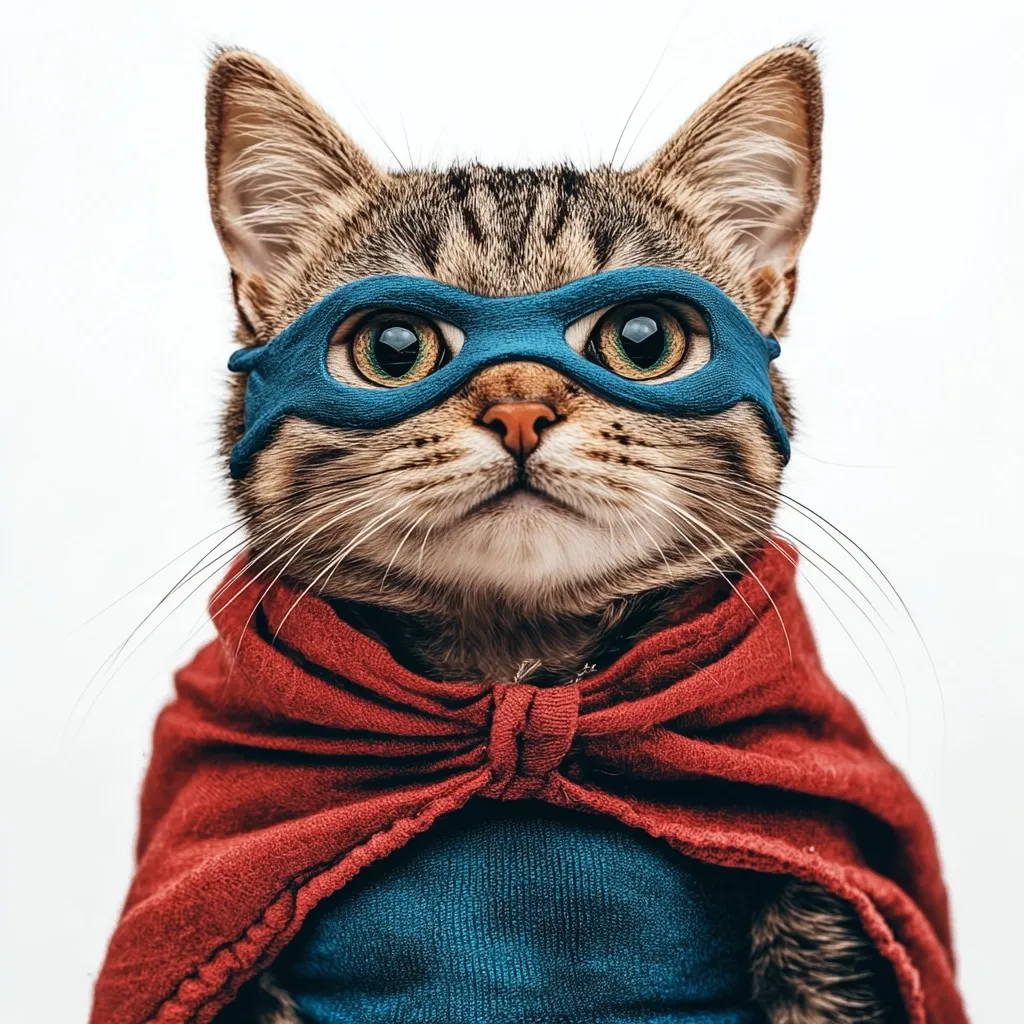 A tabby cat is dressed in a superhero costume.  It wears a blue mask covering its eyes and a red cape over a blue shirt.  The cat stares directly at the camera with a serious expression, creating a humorous and endearing image.  The background is plain white, focusing attention on the costumed feline.