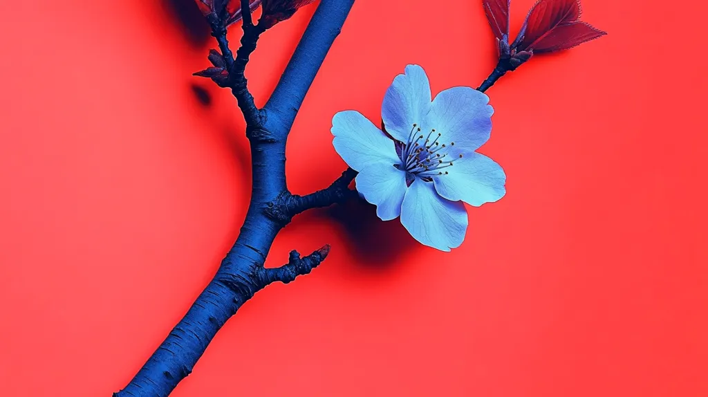 A single, light blue flower blossoms on a dark blue branch against a vibrant coral background.  The branch, with its textured bark and budding leaves, extends diagonally across the image. The stark contrast between the cool-toned flower and branch and the warm background creates a visually striking image. The overall aesthetic is minimalist and modern.