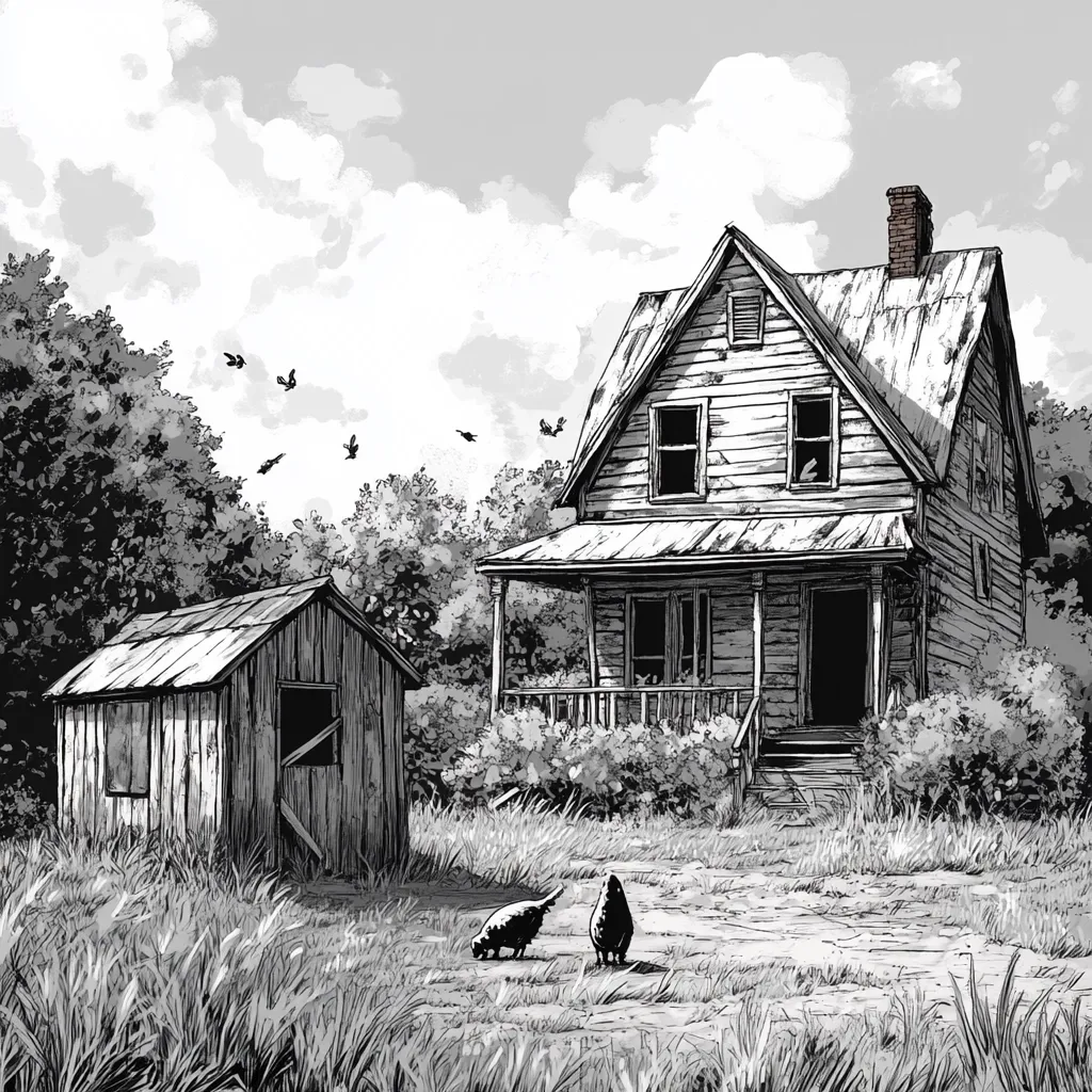 A grayscale illustration depicts a weathered farmhouse and a smaller outbuilding.  Birds fly overhead against a partly cloudy sky.  The overgrown yard suggests neglect. Two dark birds forage near the house's front steps, adding to the scene's quiet, rural atmosphere. The overall style is reminiscent of a comic book or graphic novel.