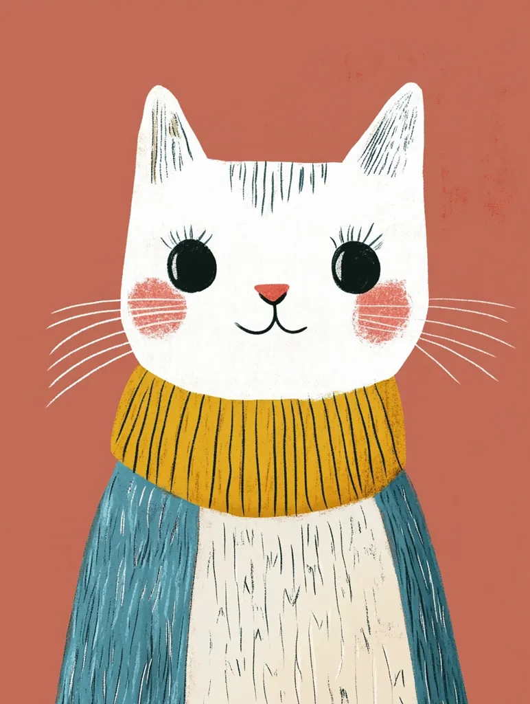 An illustration of a cute white cat wearing a mustard yellow turtleneck sweater over a teal blue coat. The cat has large, expressive eyes and rosy cheeks, adding to its charming appearance.  The style is simplistic yet detailed, with textured brushstrokes creating a cozy and heartwarming feel. The background is a muted reddish-brown, complementing the cat's attire.