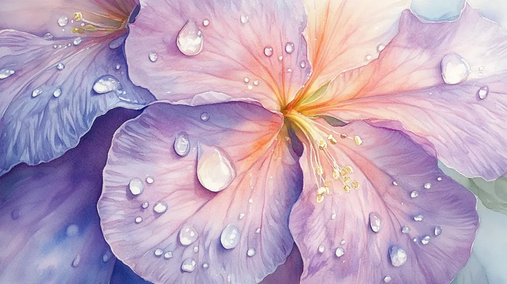 A close-up watercolor painting depicts the delicate petals of a light purple flower, adorned with glistening water droplets.  The petals exhibit a soft gradient of color, transitioning from a deeper purple at the edges to a lighter, almost peachy hue at the center.  The painting captures the texture and translucence of the petals, along with the reflective quality of the water beads.  The overall impression is one of serenity and natural beauty.
