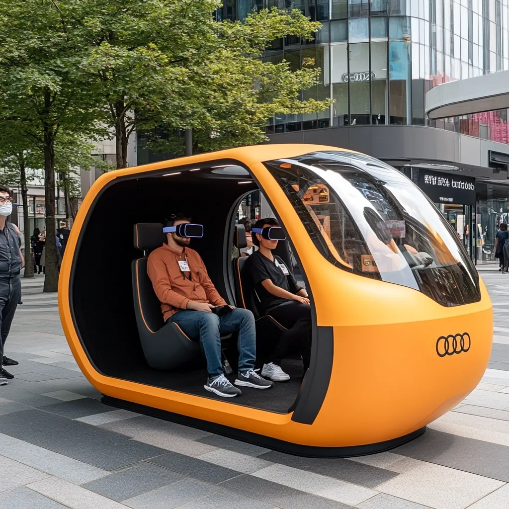 Two individuals donning VR headsets are seated inside a bright orange, futuristic autonomous vehicle.  The pod-like car is situated on a modern city street, with a backdrop of glass buildings and lush greenery. The Audi logo is visible on the front of the vehicle.  A pedestrian wearing a mask can be seen in the background.  The scene suggests a demonstration or test of a new autonomous driving experience.