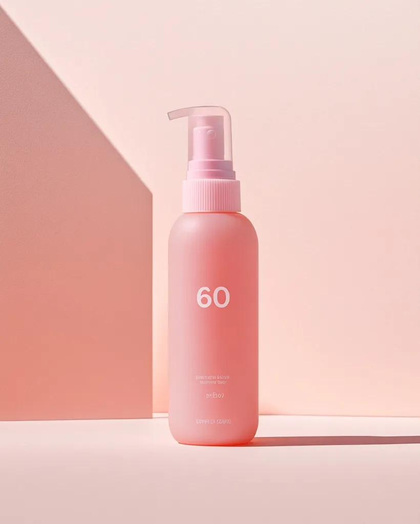 A pale pink bottle with a pump dispenser sits on a matching pink surface.  The number "60" is prominently displayed on the bottle.  Minimalist design and soft lighting create a clean, aesthetic image.  The bottle appears to contain a cosmetic or skincare product.  Small text on the bottle suggests product details and branding.