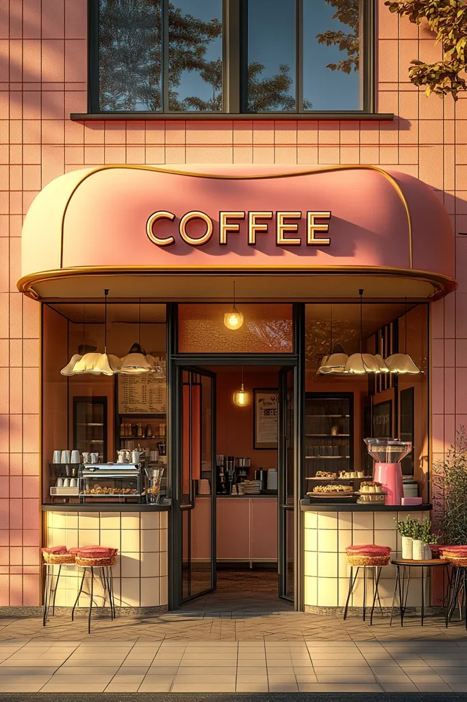 A charming pastel pink coffee shop, bathed in warm sunlight, boasts a curved awning with gold lettering. The interior, visible through large glass windows, showcases a modern espresso machine, pastries, and a minimalist design.  Small metal tables and chairs are placed outside, creating a welcoming atmosphere. The tiled facade adds to the shop's vintage aesthetic.