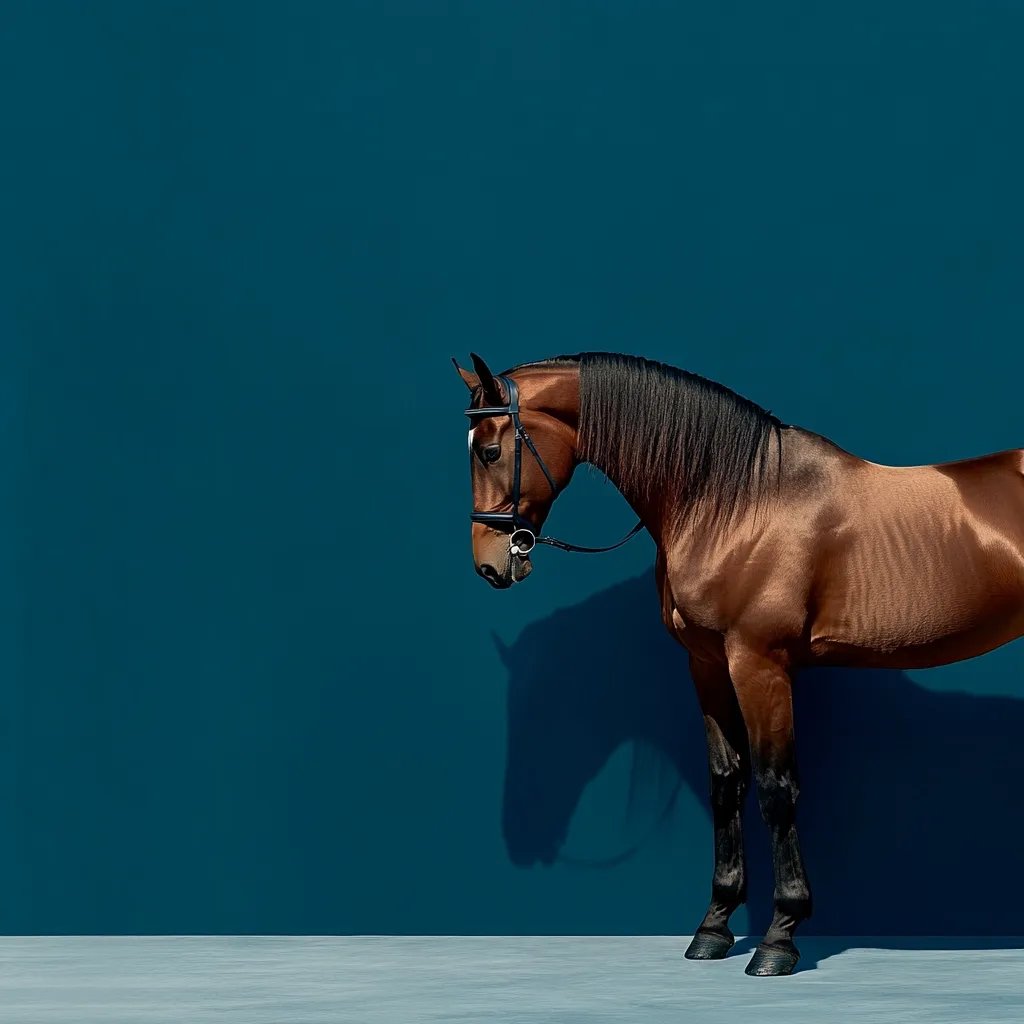 A chestnut horse stands in profile against a deep teal background.  Its dark mane and tail are neatly groomed. The horse wears a simple black bridle.  The animal's posture is calm and relaxed, casting a shadow on the wall. The image is minimalist and emphasizes the horse's elegance and form.
