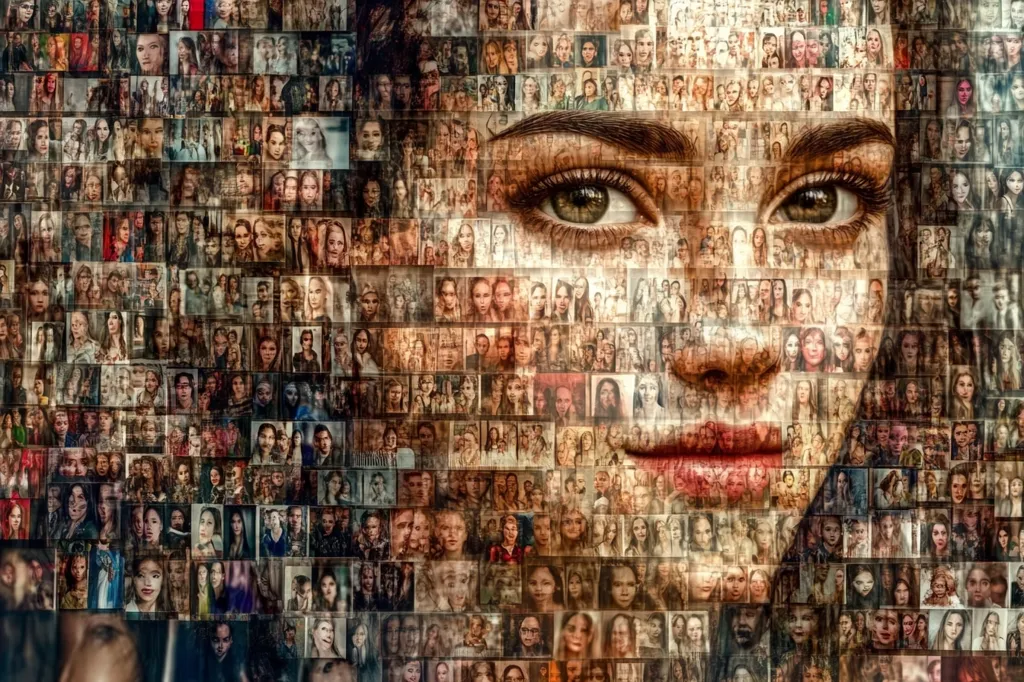 A mosaic portrait of a woman's face is composed of hundreds of smaller photographs of individual faces.  The larger image's eyes, nose, and mouth are clearly defined, while the surrounding area blends the smaller images seamlessly. The overall effect is a striking and textured image, showcasing the beauty of a multitude of faces to create a single, powerful portrait.