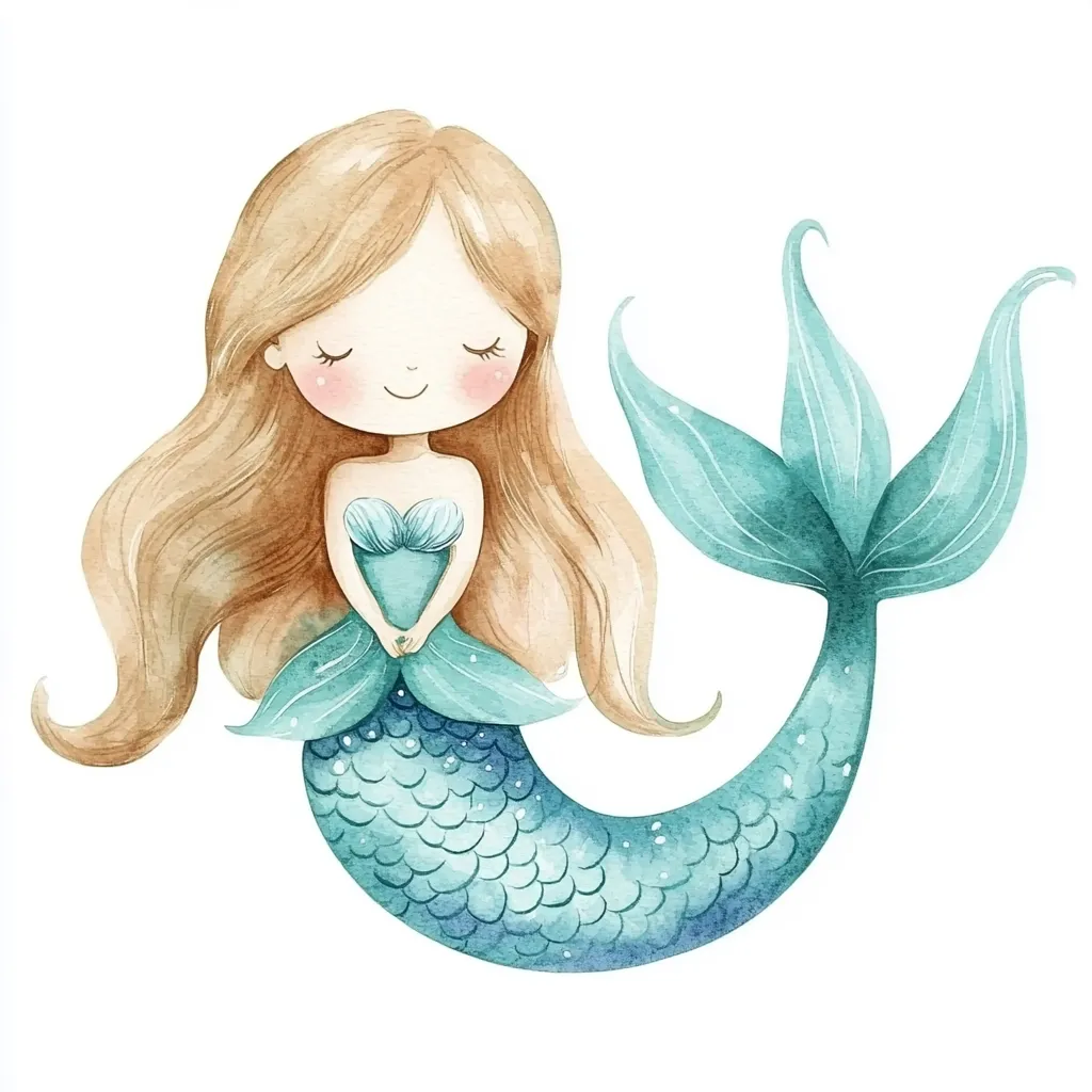 A watercolor illustration of a charming mermaid.  She possesses long, flowing blonde hair and a serene expression. Her teal-scaled tail is elegantly detailed, and she wears a matching, seashell-inspired bodice. The overall style is sweet and whimsical, suitable for children's books or décor. The mermaid appears calm and content, sitting with her hands clasped in her lap.