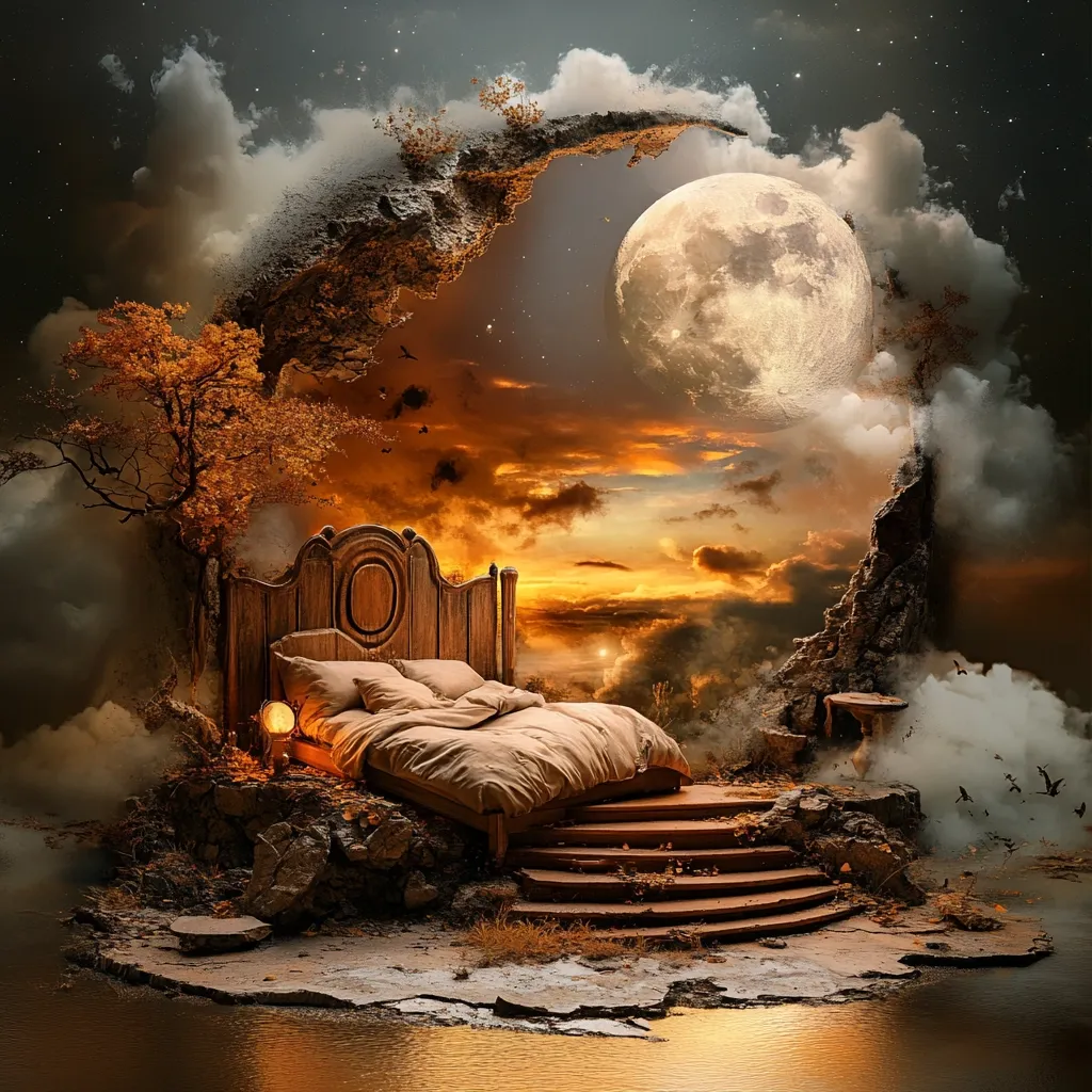A surreal landscape features a wooden bed nestled within a crescent-shaped rock formation, overlooking a breathtaking sunset and a large, luminous moon.  Autumnal foliage surrounds the bed, which sits on a stone platform with steps leading down to a tranquil, reflective water's edge.  The scene is dreamlike, blending fantasy and tranquility.  A soft glow emanates from a lamp beside the bed, adding to the magical atmosphere.