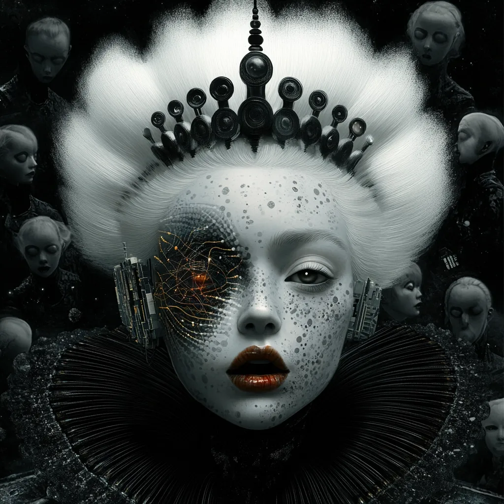 A digital painting depicts a regal, pale-skinned woman wearing a crown and elaborate collar.  One side of her face is adorned with intricate, glowing circuitry, contrasting with the speckled texture of her skin.  She is surrounded by numerous smaller, doll-like figures, creating a surreal and slightly unsettling atmosphere. The overall aesthetic is dark, dramatic, and blends elements of fantasy and science fiction.