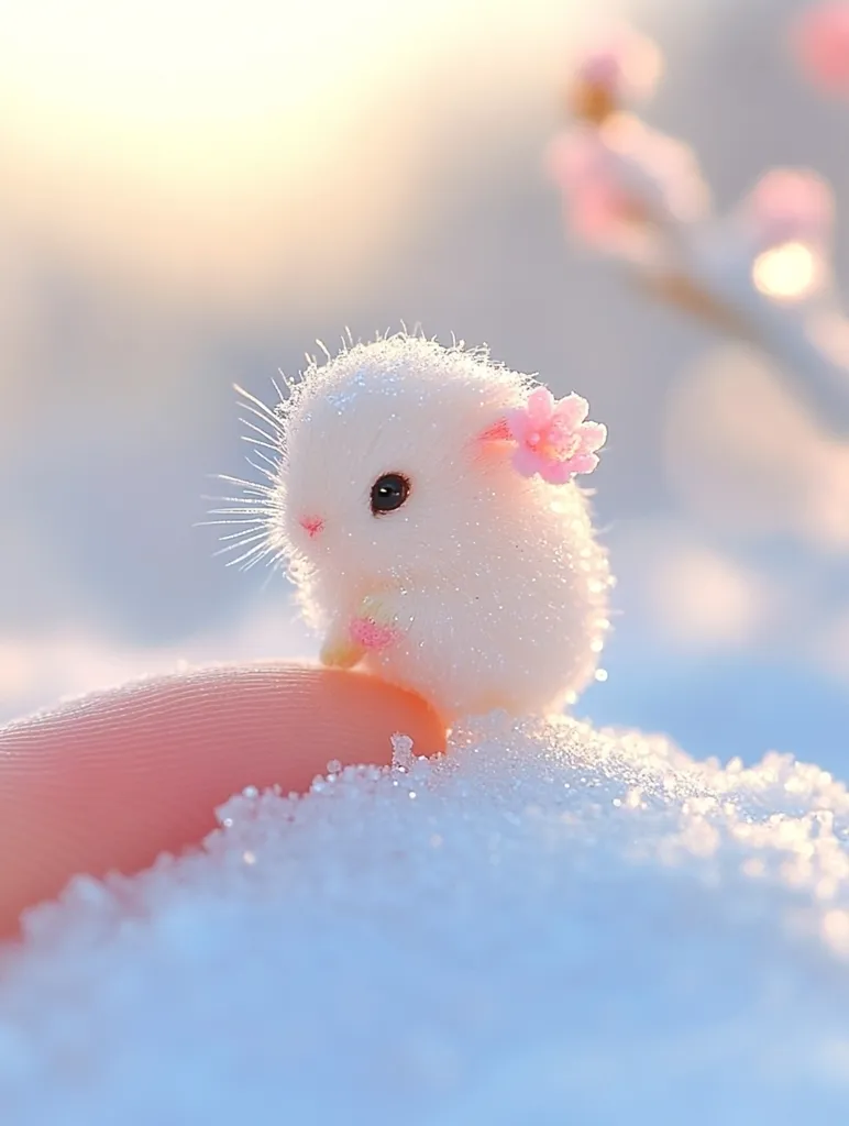 A tiny, fluffy white animal, possibly a hamster or rabbit, sits on a finger in the snow.  It's adorned with a delicate pink flower behind its ear.  The scene is bathed in soft, warm light, creating a serene and whimsical atmosphere. The background features blurred branches and a hint of a wintery landscape.  The overall image is incredibly cute and evokes feelings of gentleness and wonder.