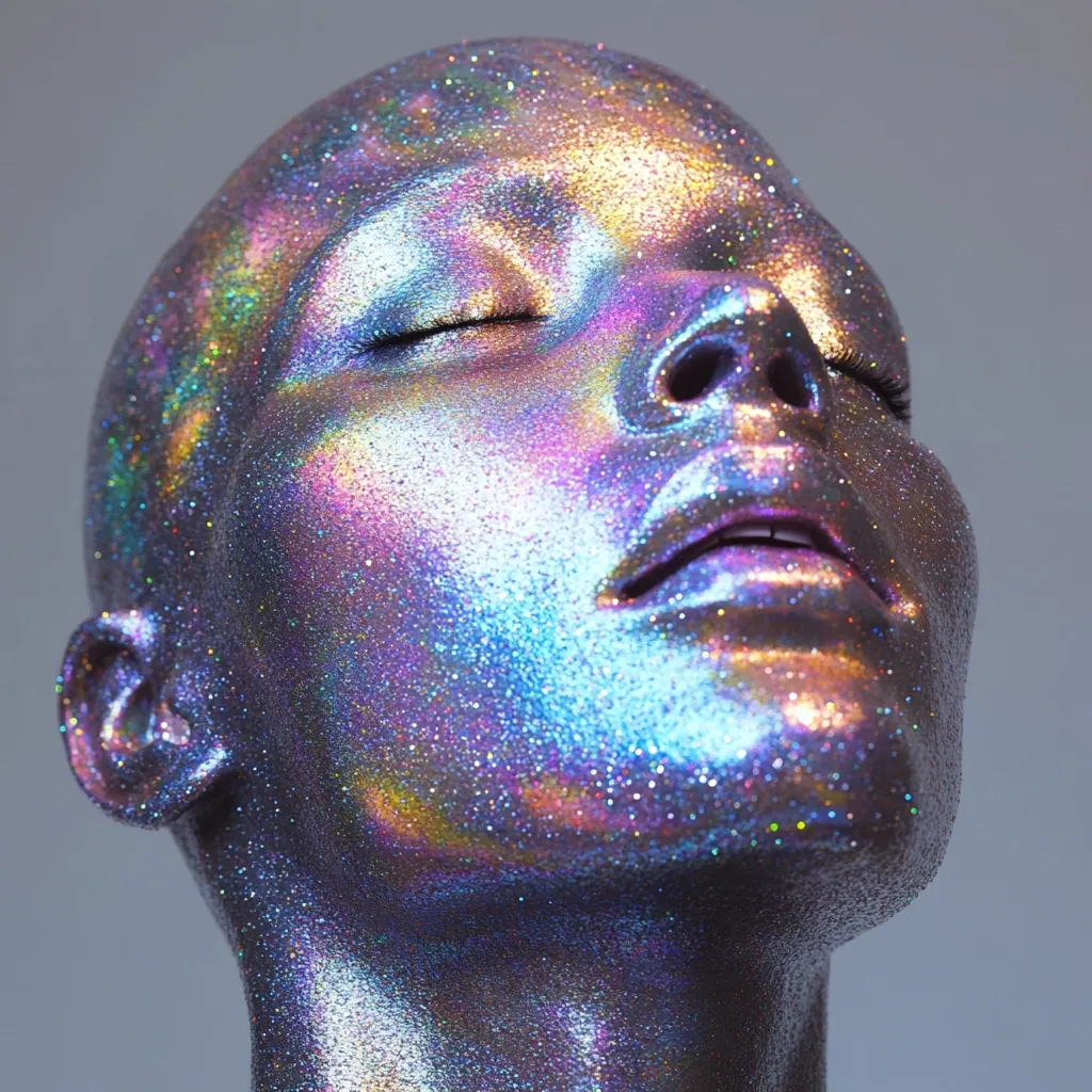 Close-up view of a bald person's head and face, entirely covered in iridescent glitter makeup.  The glitter shimmers with various colors, creating a striking, otherworldly effect. Their eyes are closed, and their head is tilted back slightly. The overall impression is one of futuristic beauty and ethereal elegance.