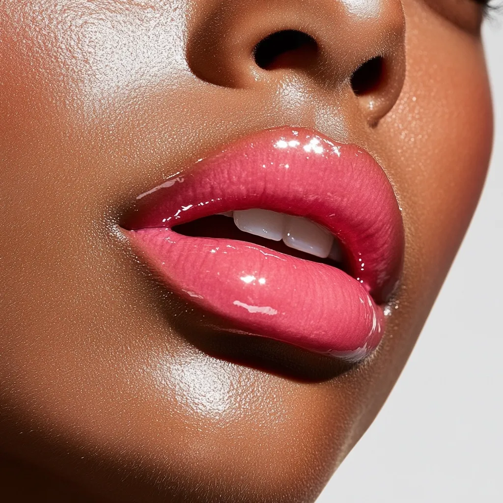 Close-up view of a woman's full lips, showcasing a glossy, pink lip gloss.  The skin is smooth and has a healthy sheen.  The focus is sharp, highlighting the texture of the lip gloss and the subtle highlights on the skin.  The overall impression is one of beauty and healthy, well-cared-for skin.