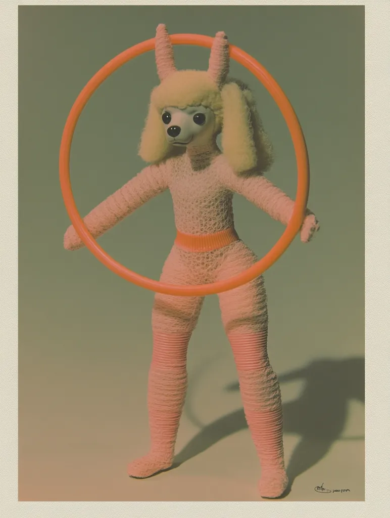 A digitally rendered image depicts a whimsical creature, resembling a poodle in a pink knitted outfit, holding a large orange hula hoop.  The creature's fluffy blonde hair and stylized features contribute to an otherworldly, slightly surreal aesthetic.  The overall color palette is muted, with soft pinks and oranges dominating the scene. The background is a simple, neutral tone.