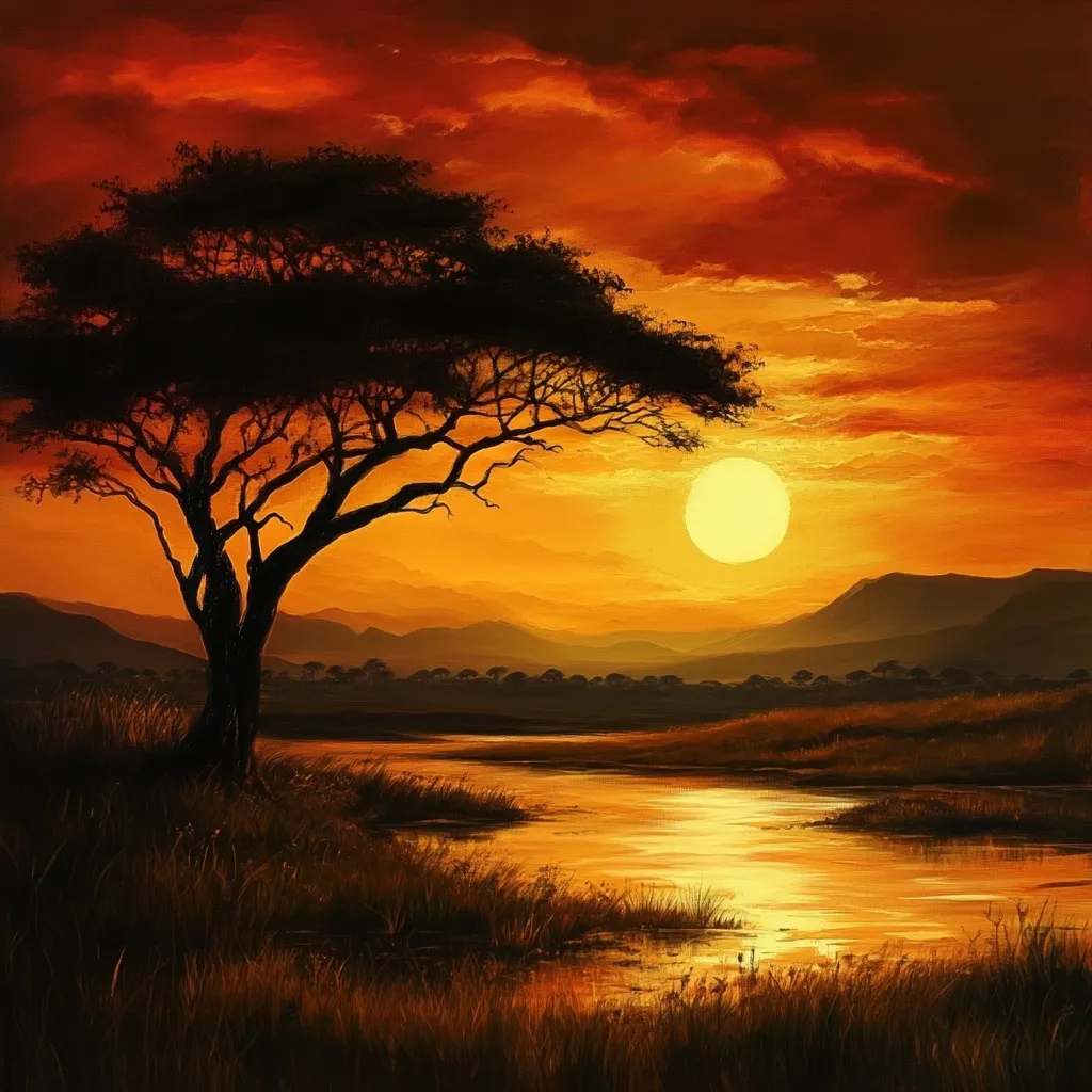 A fiery sunset casts a warm, orange glow across a serene African savanna.  A lone acacia tree stands silhouetted against the vibrant sky, its branches reaching towards a large, golden sun descending towards the horizon. A calm river reflects the fiery colors, winding through the grassy plains and distant, shadowy hills.  The scene evokes a sense of tranquility and the beauty of the African wilderness.