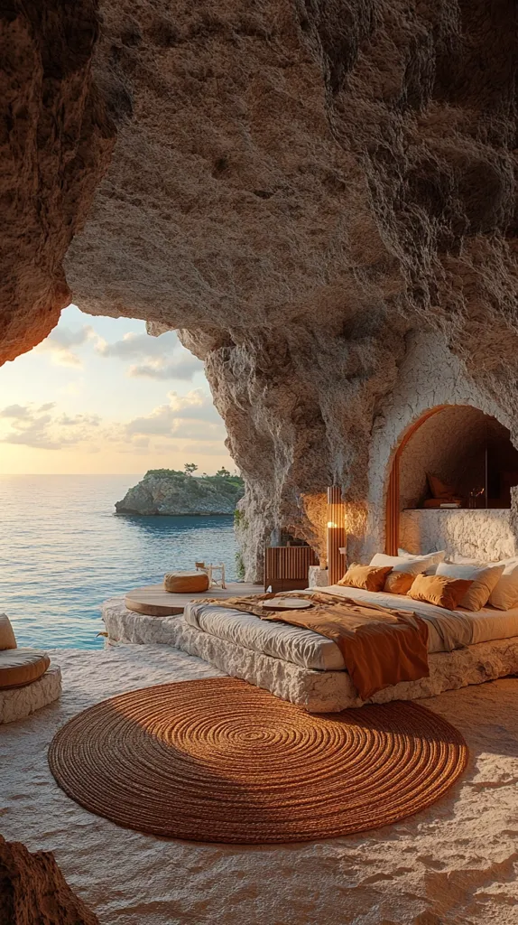 A breathtaking bedroom nestled within a sea cave offers unparalleled ocean views.  A large bed with earthy-toned linens sits on a stone platform, accented by a circular jute rug.  Natural light streams in, illuminating the rough-hewn cave walls and the tranquil seascape beyond.  The minimalist design complements the dramatic natural setting, creating a serene and luxurious retreat.