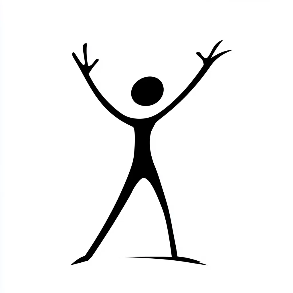 A simple black stick figure stands with arms raised high, conveying a sense of joy, celebration, or triumph.  The minimalist design emphasizes the figure's posture, suggesting exuberance and freedom.  The figure is depicted against a stark white background, further highlighting its silhouette.