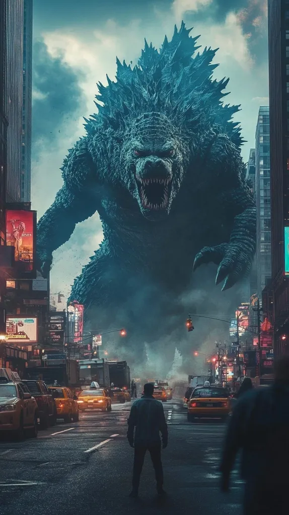 A colossal Godzilla looms over a city street, its massive form dwarfing skyscrapers and cars.  A lone figure stands in the street, silhouetted against the monstrous creature, creating a dramatic contrast between humanity's insignificance and the beast's overwhelming power. The atmosphere is dark and ominous, the city shrouded in a smoky haze.  The scene evokes a sense of impending doom and awe.