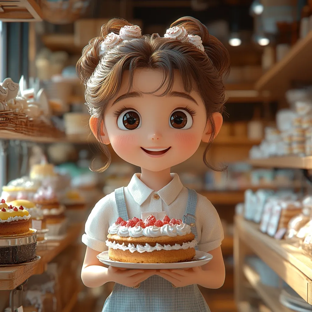A charming 3D-rendered girl with large, expressive eyes and her hair styled in two buns, adorned with small cream puffs, smiles brightly.  She holds a delectable strawberry cake on a plate in a bakery setting, surrounded by shelves filled with various pastries.  The scene is warm and inviting, with soft lighting enhancing the girl's adorable features and the bakery's sweet treats.