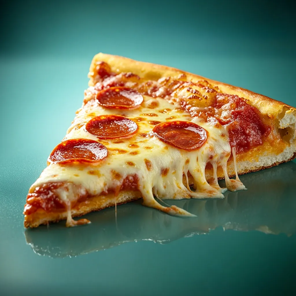 A slice of pepperoni pizza sits on a teal surface.  The cheese is melted and stretches down the side.  Four pepperoni slices are visible on top of the gooey cheese and tomato sauce. The crust appears golden brown and slightly crisp. The image is sharply focused, highlighting the texture and deliciousness of the pizza.