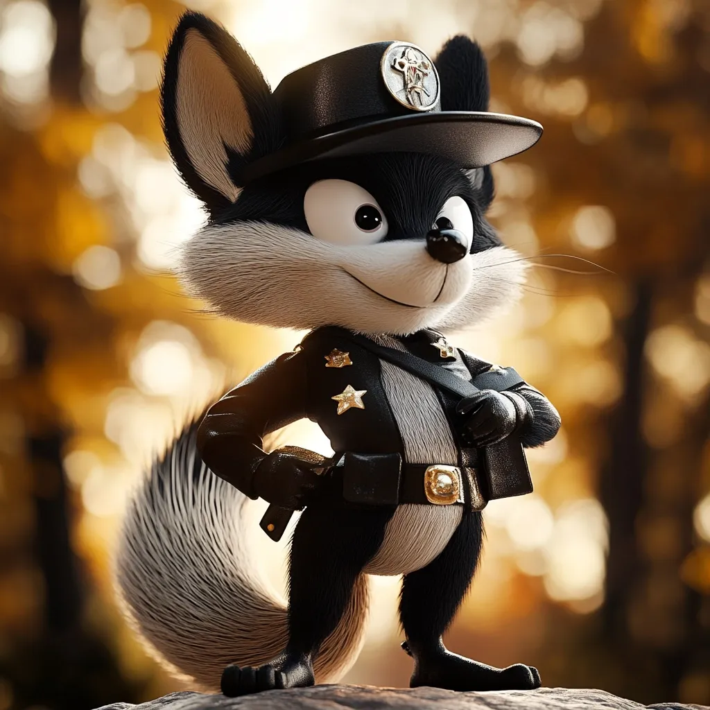A charming anthropomorphic fox, rendered in 3D, stands proudly in a black officer's uniform.  The fox boasts a fluffy tail, expressive eyes, and a confident posture.  He wears a black peaked cap adorned with a gold emblem. The background is a blurred autumnal scene, suggesting a park or forest setting.  The overall style is cute and friendly, with high-quality details in the fur and uniform.