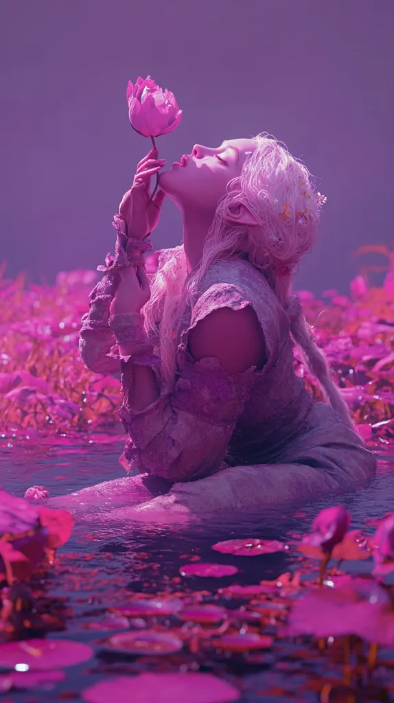 A fair-skinned elf-like woman with long, flowing blonde hair sits partially submerged in a pool of vibrant pink water.  She delicately holds a pink lotus blossom to her face, her eyes closed in a peaceful expression.  The surrounding water is covered in pink lily pads, creating a surreal and dreamlike atmosphere.  Her clothing is a tattered, purple-hued gown. The overall tone is soft and otherworldly.