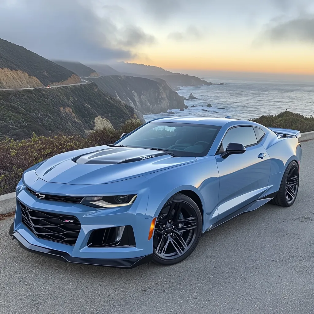A light blue Chevrolet Camaro ZL1 sports car is parked on a cliffside overlooking the ocean at sunset. The car is angled slightly to the left, showcasing its sleek design and powerful stance.  The Pacific Ocean stretches to the horizon, with a winding coastal highway visible in the background. The scene evokes a sense of freedom and adventure.