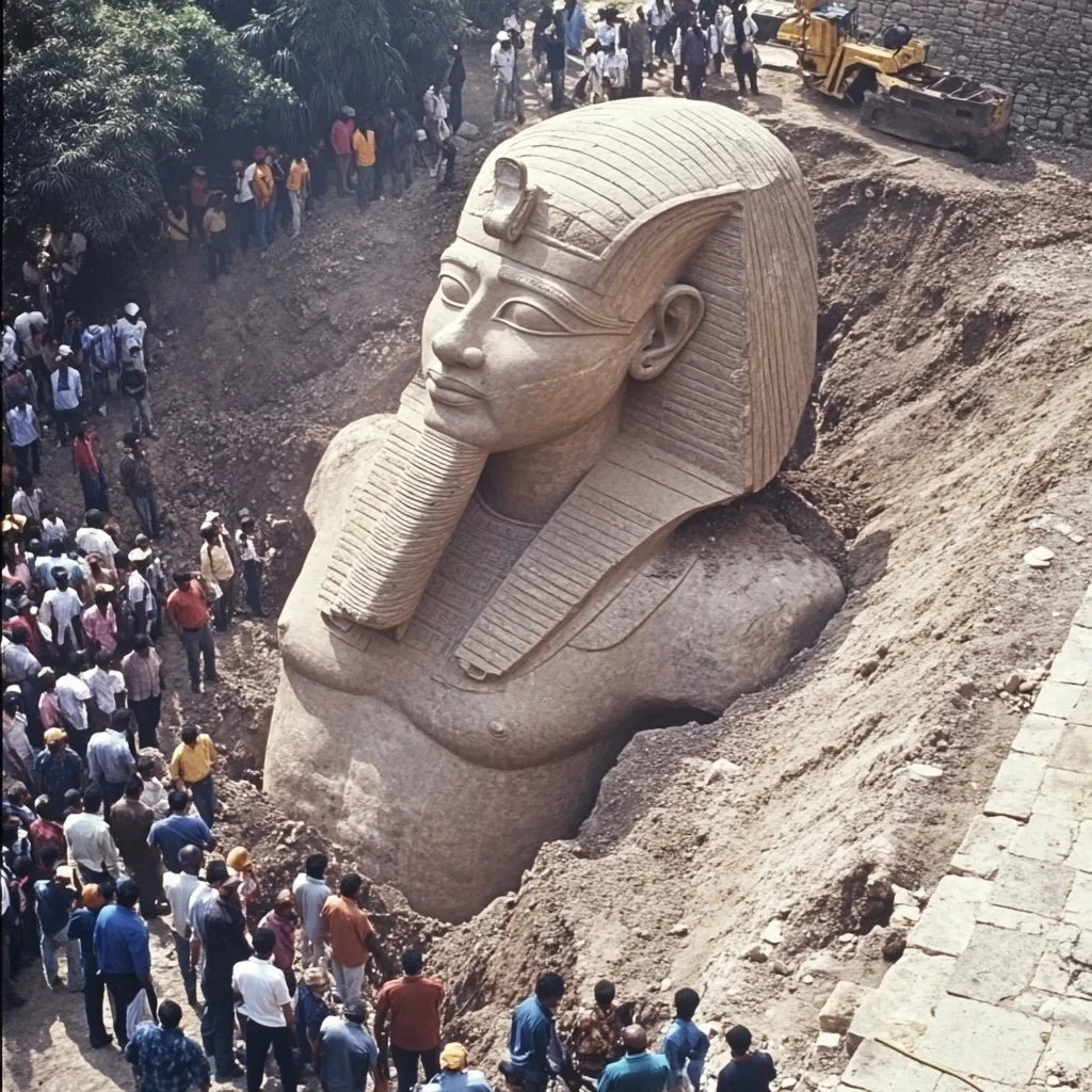 A colossal, sand-covered statue of an Egyptian pharaoh's head and shoulders is unearthed.  Surrounding the partially excavated monument, a large crowd of onlookers and workers stand, observing the archaeological dig.  The scale of the statue is immense, dwarfing the people around it.  A piece of heavy machinery is visible in the background, hinting at the effort involved in the excavation process. The scene is a testament to the grandeur of ancient Egyptian art and the ongoing efforts to preserve its legacy.