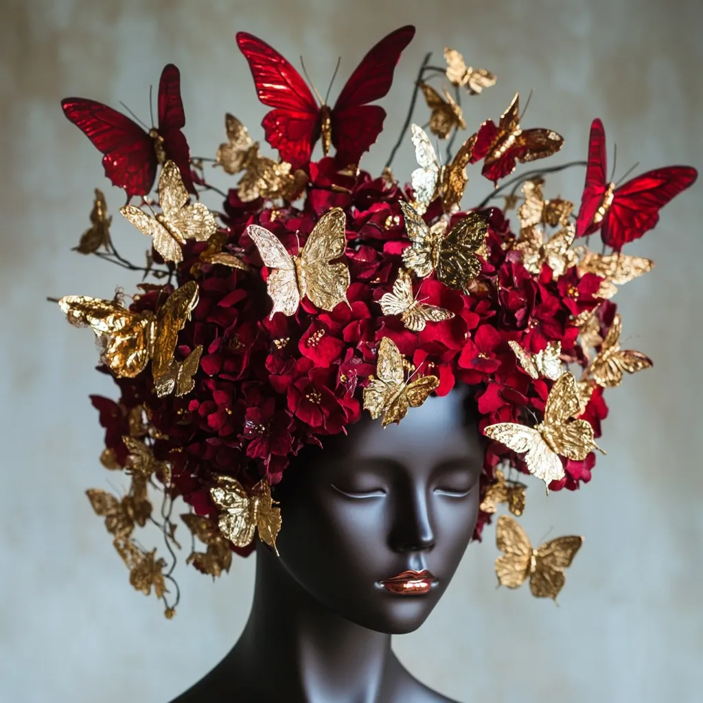 A striking headpiece, crafted from dark red flowers and adorned with numerous gold and red butterflies, sits atop a dark mannequin head.  The butterflies, intricately detailed, are interspersed throughout the floral arrangement, creating a dramatic and luxurious effect. The overall design is rich, opulent, and evokes a sense of fantasy.
