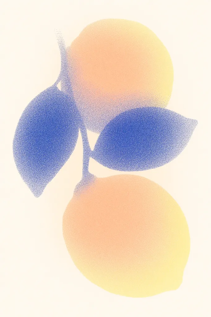 A stylized illustration depicts two lemons on a branch with blue leaves. The lemons are rendered in soft peach and yellow gradients, while the leaves are a muted blue.  The image uses a pointillist technique, creating a textured, slightly blurred effect.  The background is a pale cream color, providing a subtle contrast to the fruit and leaves.  The overall style is modern and minimalist.