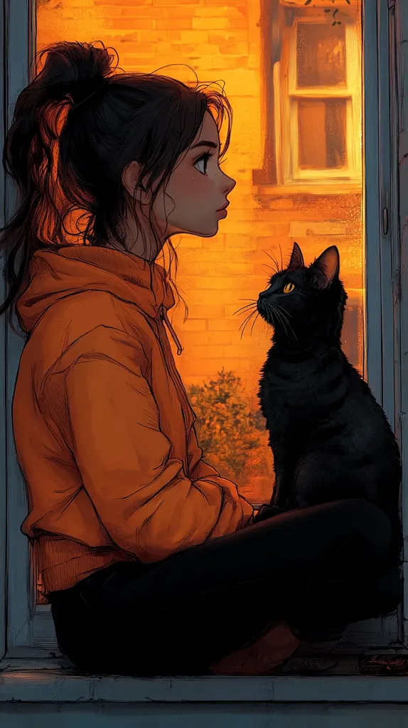 A young woman with dark hair pulled back in a ponytail sits on a windowsill, wearing an orange hoodie and dark pants.  She gazes at a black cat sitting beside her. The warm, orange glow of the sunset illuminates the scene, casting a soft light on the girl and her feline companion. The background features a brick building and a window, adding depth to the illustration.  The overall mood is serene and peaceful.