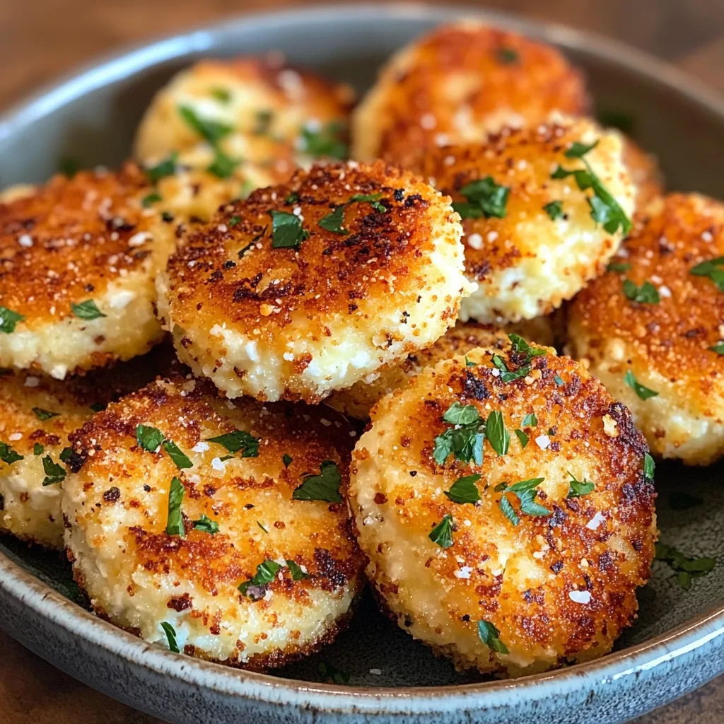 A close-up shot reveals a bowl brimming with golden-brown, crispy fried cheese patties.  Garnished with fresh parsley and a sprinkle of salt, these delectable treats appear incredibly appetizing.  The patties are stacked somewhat haphazardly, showcasing their texture and inviting aroma.  The rustic, muted-toned bowl complements the warm colors of the food.