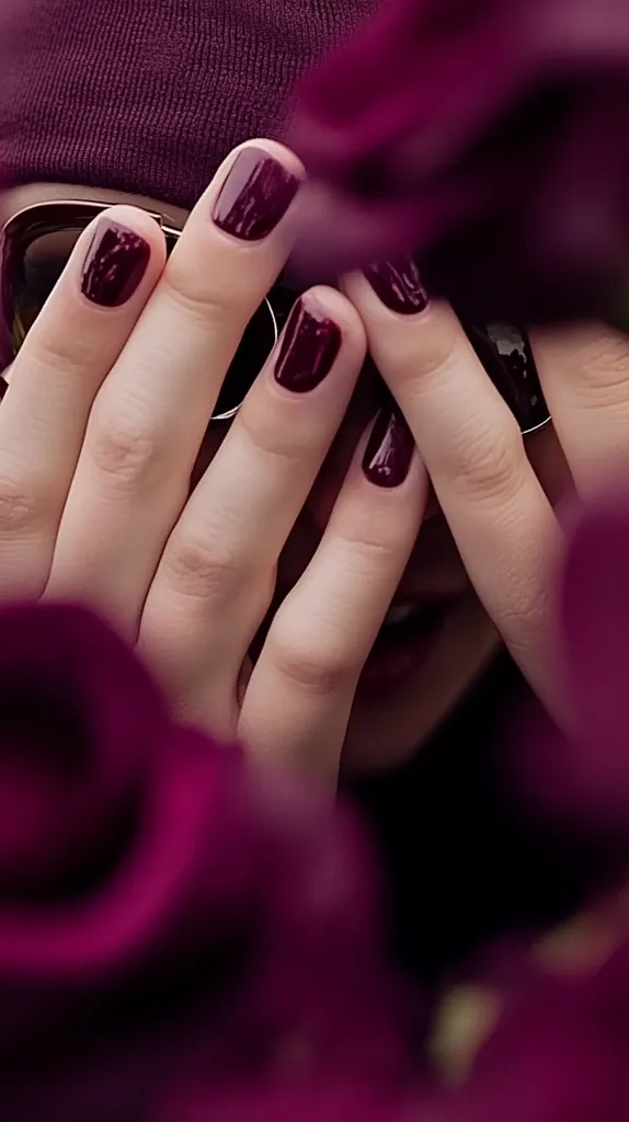 Close-up of a woman's hands with dark burgundy nail polish partially obscuring her face.  She wears a burgundy beanie and glasses.  The background is blurred, showing out-of-focus deep purple flowers, creating a monochromatic, moody atmosphere.  The image focuses on the texture of the skin and nails, with a hint of mystery surrounding the partially hidden face.
