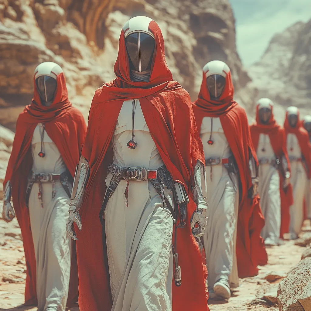 A procession of figures in futuristic, hooded cloaks marches across a barren, rocky landscape.  The cloaks are a vibrant red, contrasting with their light beige undergarments and helmet-like head coverings.  The figures appear robotic or technologically advanced, moving in unison with a sense of purpose and mystery.  The arid, desolate setting enhances the otherworldly atmosphere.