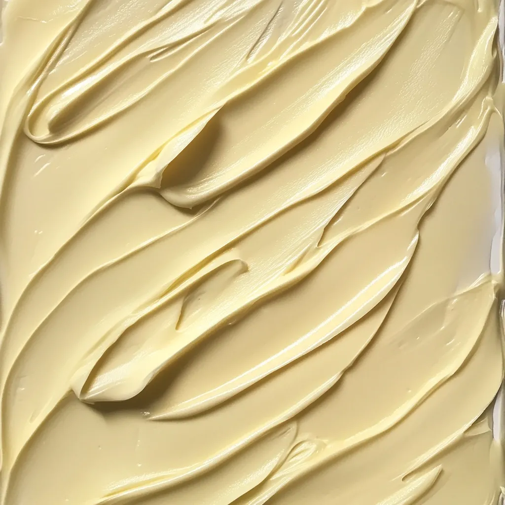 A close-up shot reveals a creamy, pale yellow substance, possibly butter or a similar textured product.  The image showcases the smooth, swirling texture of the substance, with visible peaks and valleys created by the application.  The lighting enhances the glossy sheen and highlights the rich consistency of the material. The overall effect is visually appealing and suggestive of richness and smoothness.