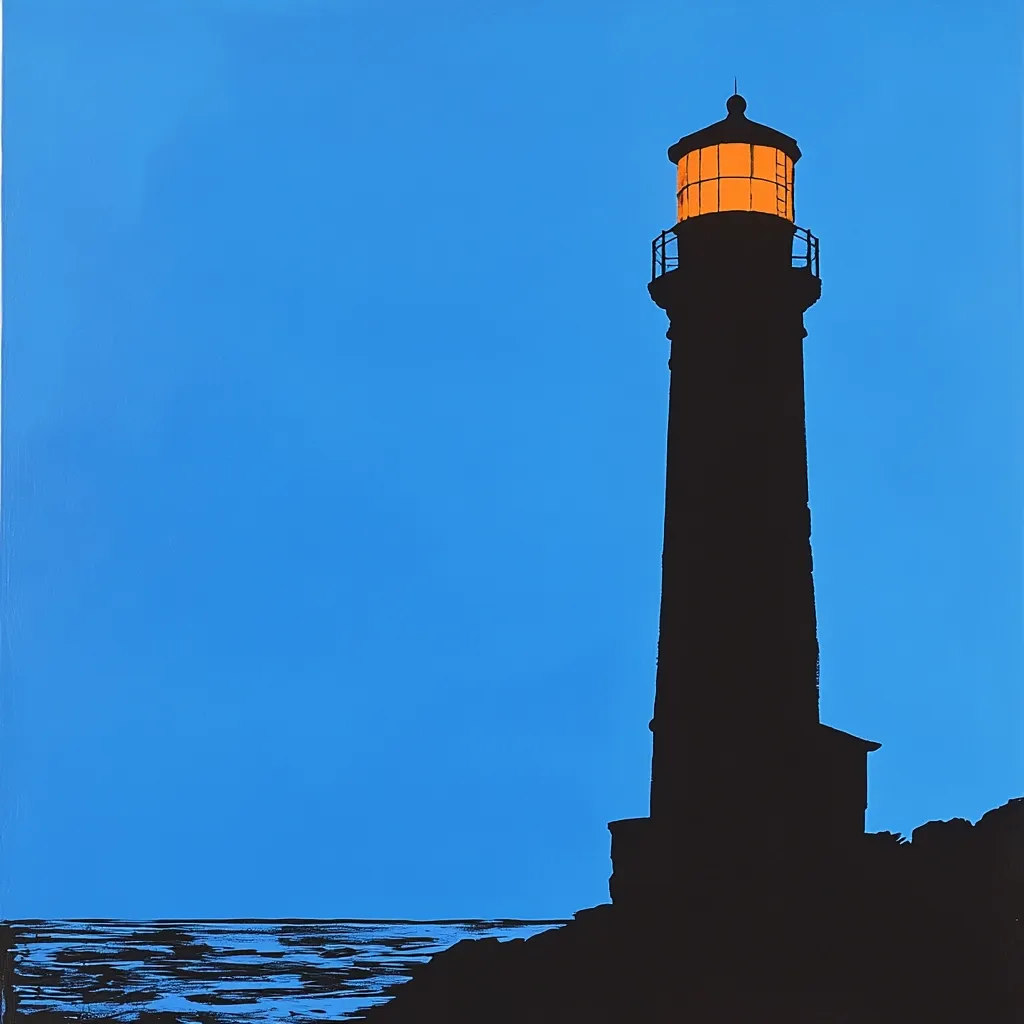 A stylized silhouette of a lighthouse stands against a vibrant blue sky.  Its lantern room glows a warm orange, contrasting sharply with the dark structure and the deep blue of the sea below.  The simple, bold lines create a striking image, emphasizing the lighthouse's solitary presence and the calm of the ocean. The painting evokes a sense of peace and quietude.