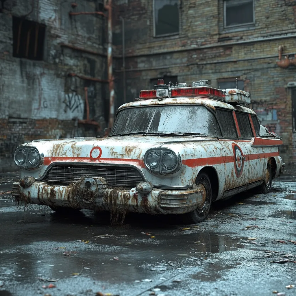 A dilapidated, rusty white ambulance sits in a rain-slicked alleyway between decaying brick buildings.  Covered in grime and mud, the vintage vehicle shows signs of extensive wear and tear.  The red emergency lights on the roof add a stark contrast to the overall state of disrepair. The scene evokes a post-apocalyptic or abandoned setting.