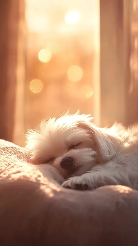 A fluffy white Maltese puppy sleeps peacefully on a soft blanket, bathed in warm, golden sunlight streaming through a window.  Its eyes are closed, and its paws are tucked neatly beneath it. The background is blurred, focusing attention on the adorable canine enjoying a peaceful nap. The scene evokes feelings of warmth, comfort, and serenity.