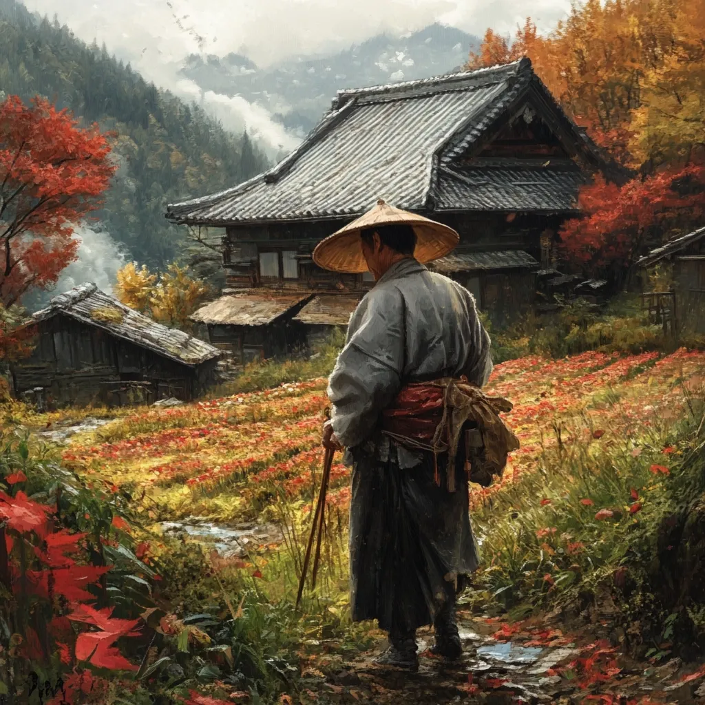 A lone figure, clad in traditional Japanese attire and a conical hat, walks through a vibrant autumnal landscape.  The path leads past a field of red and yellow flowers toward a rustic village nestled amongst rolling hills and misty mountains.  Wooden houses with traditional architecture dot the scene, showcasing a serene and picturesque autumn setting. The overall mood is peaceful and contemplative.
