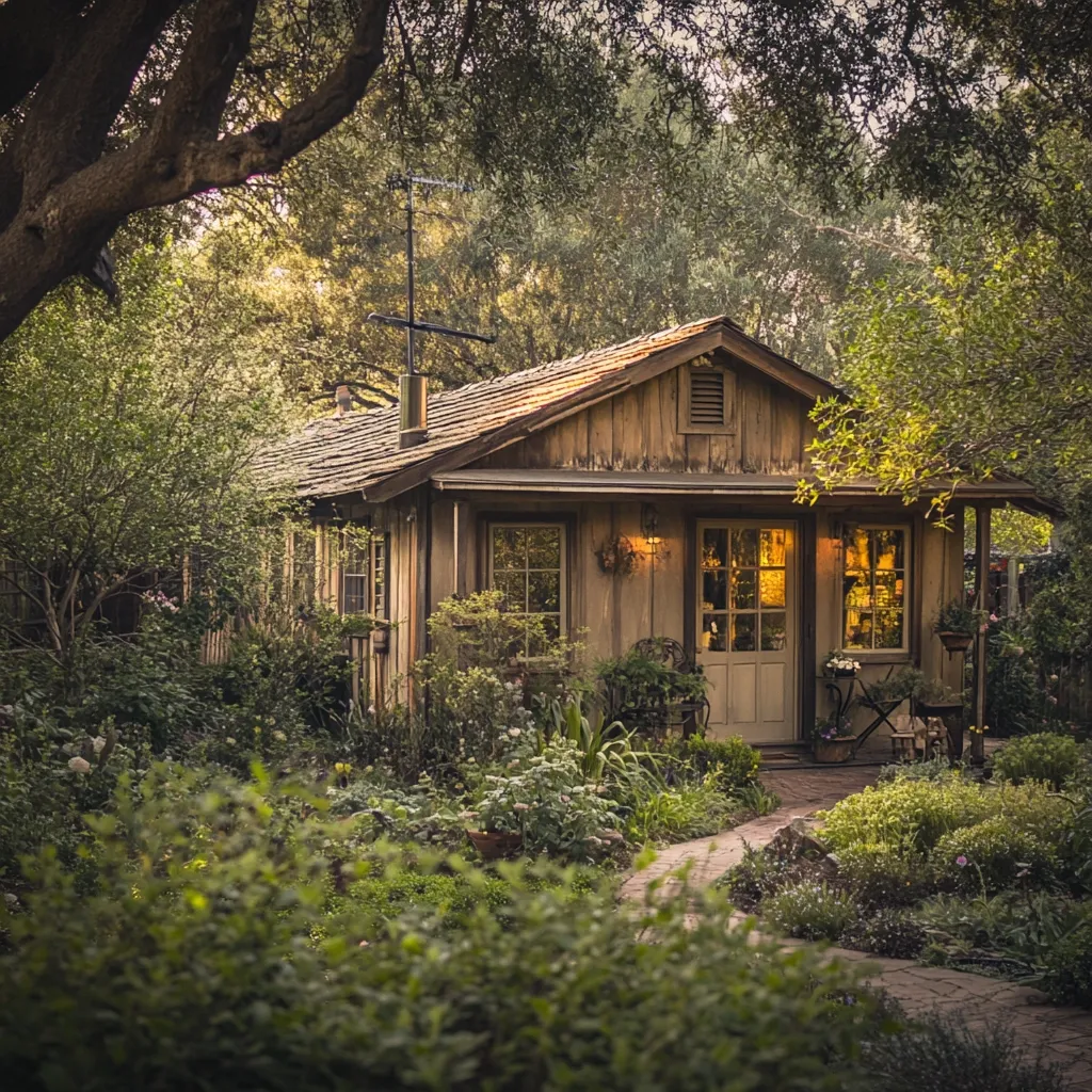 A quaint wooden cabin nestled in a lush garden bathed in the warm glow of sunset.  Overgrown greenery surrounds the charming cottage, with a brick pathway leading to its inviting entrance.  The scene evokes a sense of tranquility and seclusion, a perfect escape into nature's embrace.  The light illuminates the windows, hinting at a cozy interior.