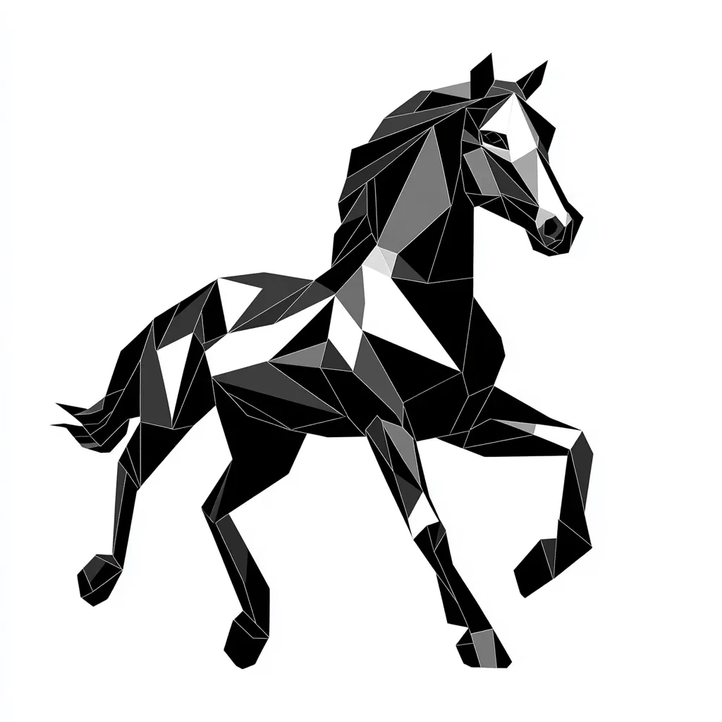 A stylized black and white horse is depicted in a low-polygonal design.  The image uses geometric shapes to create a modern and abstract representation of the animal, emphasizing sharp angles and contrasting shades.  The horse appears to be in motion, its legs slightly raised. The style is minimalist and visually striking.