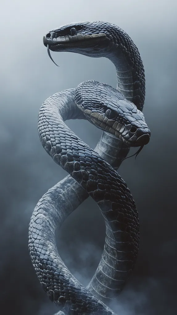 A digitally rendered image showcases two large, dark-grey snakes intertwined in a figure-eight formation.  Their scales are meticulously detailed, and a smoky, atmospheric haze surrounds them, enhancing the mystical and somewhat ominous mood.  The snakes' heads are clearly visible, with one slightly overlapping the other, creating a powerful and visually striking composition. The overall aesthetic is dark, dramatic, and evocative.