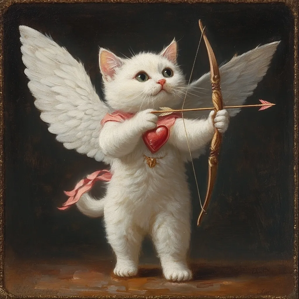 A charming painting depicts a white kitten, adorned with angel wings, holding a bow and arrow.  The kitten clutches a red heart, adding to the Valentine's Day theme.  The dark background accentuates the kitten's white fur and the intricate detail of its feathered wings and the golden bow. The overall style is reminiscent of classical portraiture, giving the image a timeless and elegant feel.