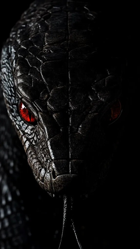 A close-up shot reveals the head of a dark-colored snake, its scales textured and glistening.  Intense red eyes pierce the darkness, creating a striking contrast. The snake's forked tongue is visible, adding to its ominous presence against the black backdrop. The image evokes a sense of mystery and potential danger.