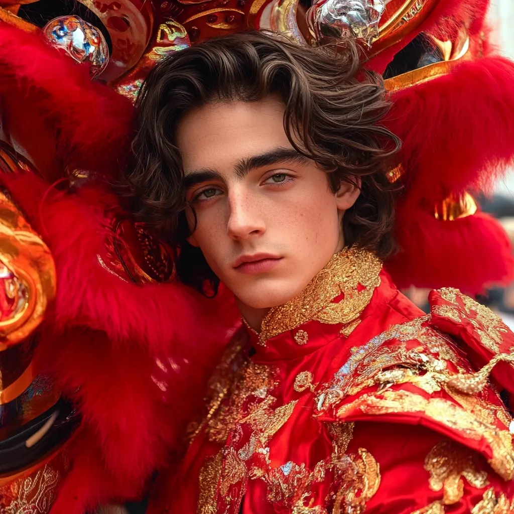 A young man with dark, curly hair gazes intently at the camera. He is adorned in a vibrant red and gold traditional Chinese garment, richly embroidered with intricate details. The ornate clothing contrasts beautifully with his fair skin and dark eyes.  He is partially obscured by a large, red, furry Chinese lion dance costume, adding to the dramatic and festive atmosphere.