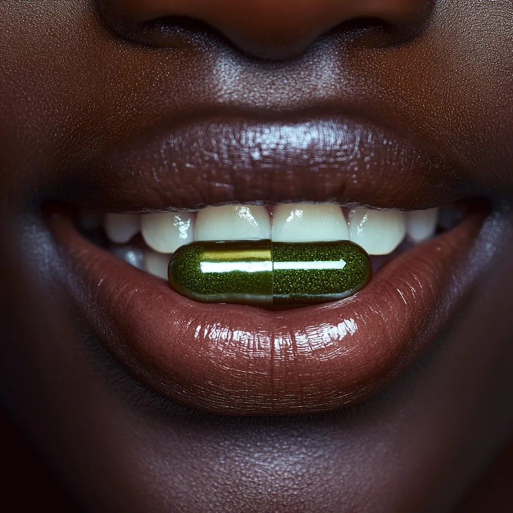 Close-up of a person's mouth gently holding a dark green capsule between their teeth.  The focus is sharp on the pill, highlighting its texture and color. The person's lips are full and dark-toned, with a glossy sheen. The image suggests a focus on health and wellness, possibly showcasing a dietary supplement.